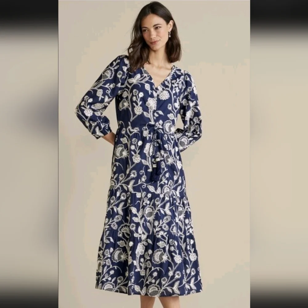 Soft Surroundings Tilda Whimsy Floral Navy Embroidered Boho Tiered Midi Sz M - Picture 2 of 11